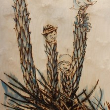 I hear voices, 150 x 75 cm, pyrography on plywood, blue ink, 2014